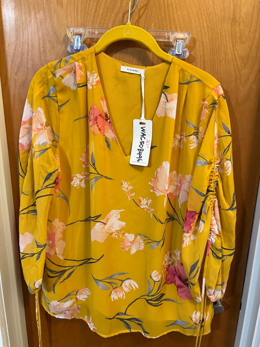 Pleione Mustard Floral V-Neck Blouse with Ruched Sleeve